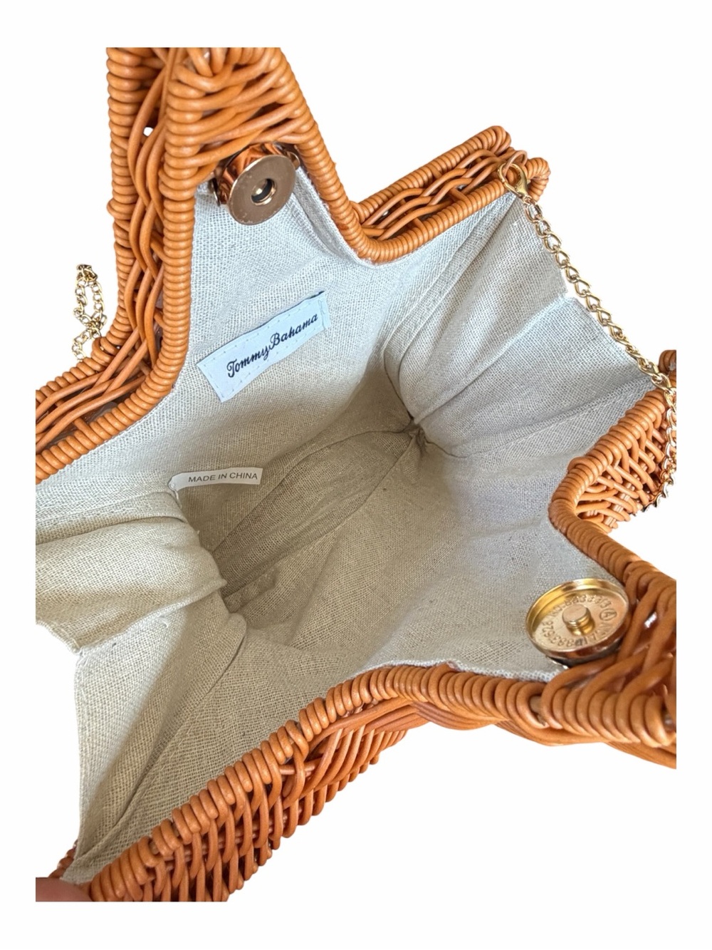 TOMMY BAHAMA Tan STARFISH Clutch Bag Natural Woven Gold Chain Strap NWT - Picture 8 of 9